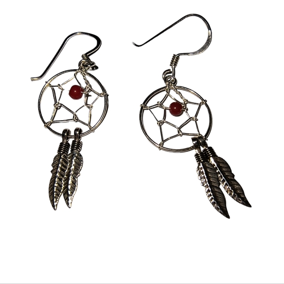 Red Coral & Sterling Silver Dreamcatcher Dangle Earrings - Picture 2 of 8